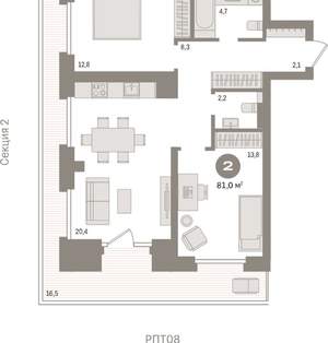 2-к квартира, вторичка, 81м2, 8/9 этаж