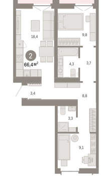 2-к квартира, вторичка, 66м2, 7/16 этаж