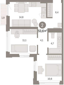 2-к квартира, вторичка, 54м2, 14/25 этаж