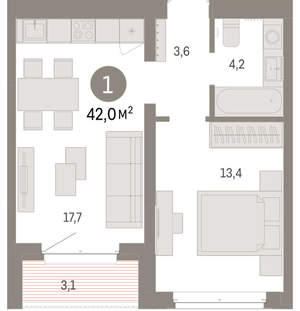 1-к квартира, вторичка, 42м2, 6/11 этаж