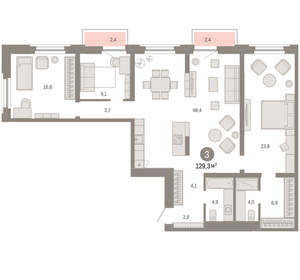 3-к квартира, вторичка, 129м2, 4/16 этаж
