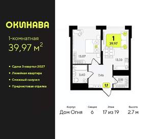 1-к квартира, вторичка, 40м2, 17/19 этаж