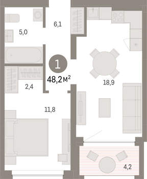 1-к квартира, вторичка, 48м2, 2/8 этаж
