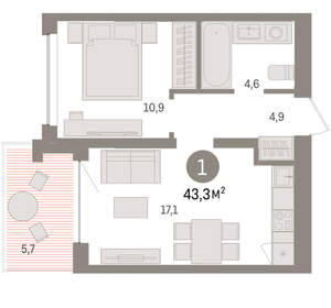 1-к квартира, вторичка, 43м2, 3/8 этаж