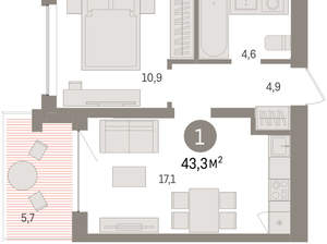 1-к квартира, вторичка, 43м2, 6/8 этаж