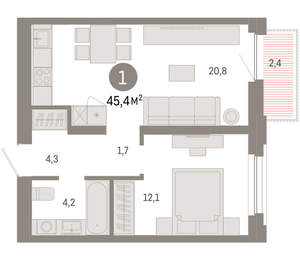 1-к квартира, вторичка, 45м2, 5/16 этаж