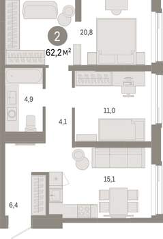 2-к квартира, вторичка, 62м2, 4/25 этаж