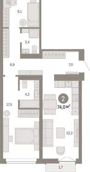 2-к квартира, вторичка, 74м2, 4/16 этаж