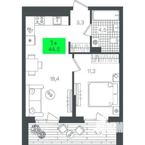 1-к квартира, строящийся дом, 45м2, 7/21 этаж