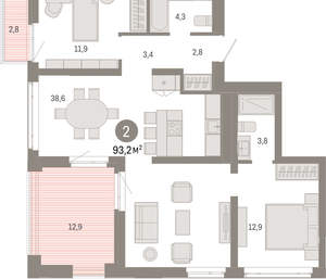 2-к квартира, вторичка, 93м2, 2/25 этаж