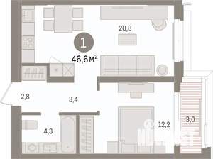 1-к квартира, вторичка, 47м2, 5/7 этаж