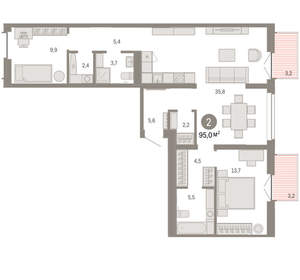 2-к квартира, вторичка, 95м2, 6/16 этаж