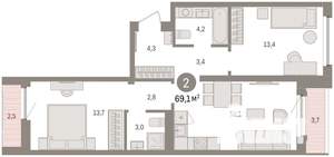 2-к квартира, вторичка, 69м2, 6/8 этаж