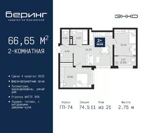 2-к квартира, вторичка, 67м2, 11/21 этаж