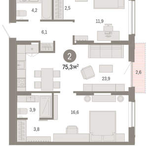 2-к квартира, вторичка, 75м2, 5/17 этаж