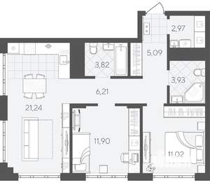2-к квартира, вторичка, 66м2, 1/24 этаж
