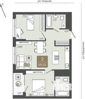 2-к квартира, вторичка, 59м2, 14/15 этаж