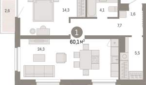 1-к квартира, вторичка, 60м2, 11/16 этаж