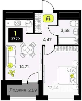 1-к квартира, вторичка, 38м2, 13/14 этаж
