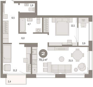 2-к квартира, вторичка, 70м2, 13/17 этаж