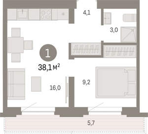 1-к квартира, вторичка, 38м2, 7/8 этаж