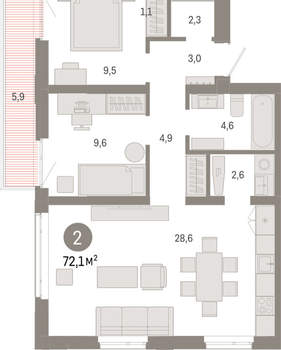 2-к квартира, вторичка, 72м2, 7/25 этаж