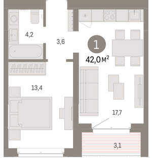 1-к квартира, вторичка, 42м2, 5/11 этаж