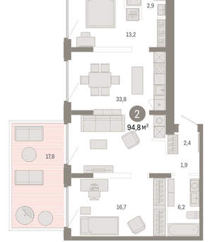 2-к квартира, вторичка, 95м2, 2/16 этаж