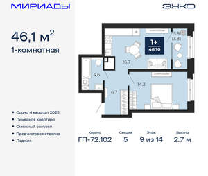 1-к квартира, вторичка, 46м2, 9/16 этаж