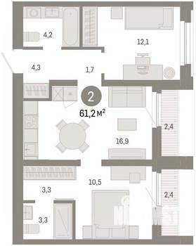 2-к квартира, вторичка, 61м2, 8/9 этаж