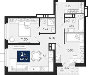 2-к квартира, вторичка, 60м2, 17/24 этаж