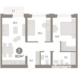 2-к квартира, вторичка, 63м2, 6/10 этаж