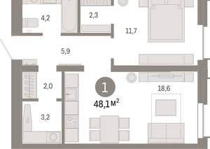 1-к квартира, вторичка, 48м2, 12/16 этаж