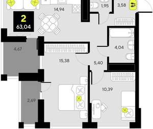 2-к квартира, вторичка, 63м2, 11/14 этаж