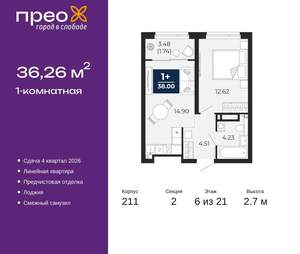 1-к квартира, вторичка, 36м2, 6/21 этаж