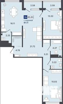 3-к квартира, строящийся дом, 86м2, 3/8 этаж