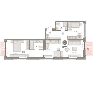 2-к квартира, вторичка, 68м2, 4/16 этаж