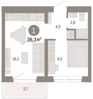 1-к квартира, вторичка, 36м2, 5/7 этаж