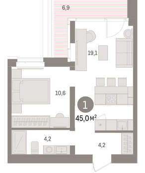 1-к квартира, вторичка, 45м2, 4/16 этаж