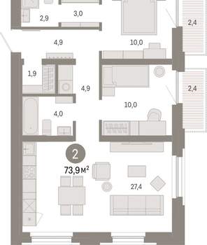 2-к квартира, вторичка, 74м2, 2/16 этаж