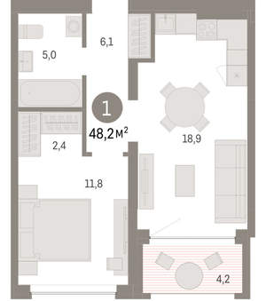 1-к квартира, вторичка, 48м2, 2/8 этаж