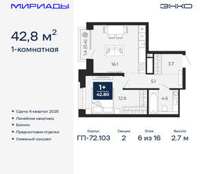 1-к квартира, вторичка, 43м2, 6/16 этаж