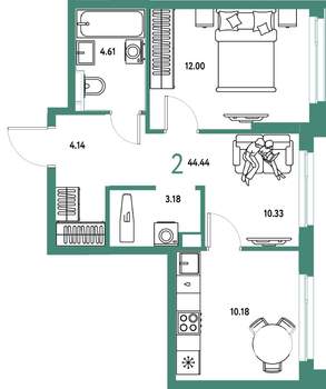 2-к квартира, вторичка, 44м2, 8/25 этаж