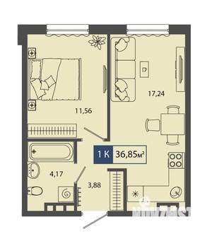 1-к квартира, строящийся дом, 37м2, 1/4 этаж