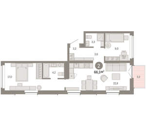 2-к квартира, вторичка, 66м2, 9/16 этаж
