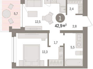 1-к квартира, вторичка, 43м2, 3/8 этаж