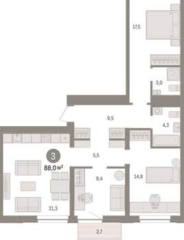 3-к квартира, вторичка, 88м2, 7/10 этаж