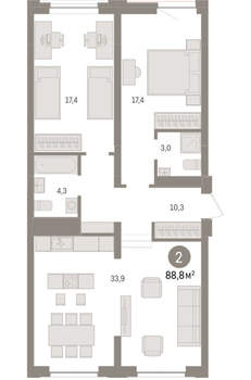 2-к квартира, вторичка, 89м2, 3/10 этаж
