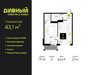 1-к квартира, вторичка, 43м2, 8/9 этаж