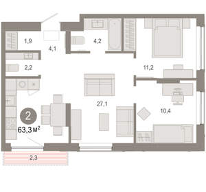 2-к квартира, вторичка, 63м2, 3/17 этаж